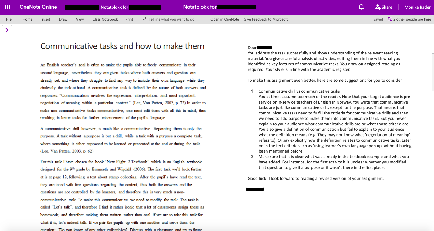 An image of a student assignment with teacher feedback on the same OneNote page